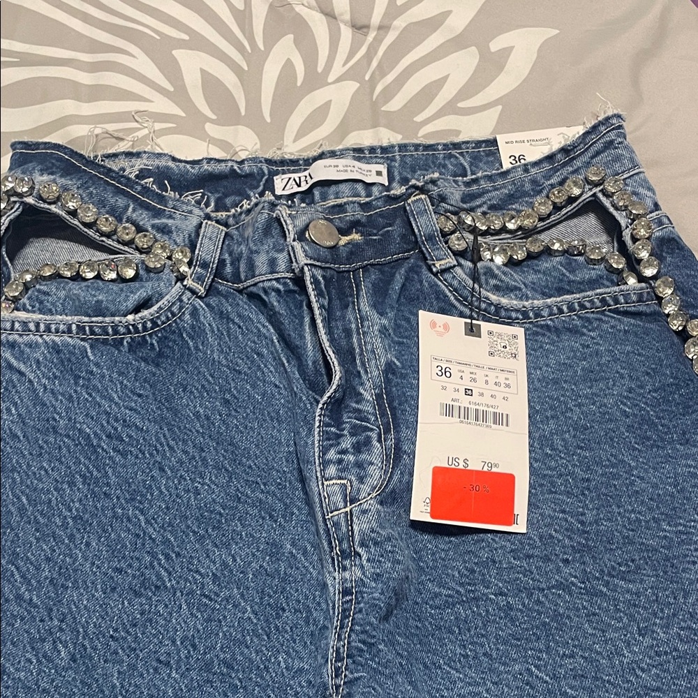 Zara High Rise Blue Jeans with Rhinestone Trim